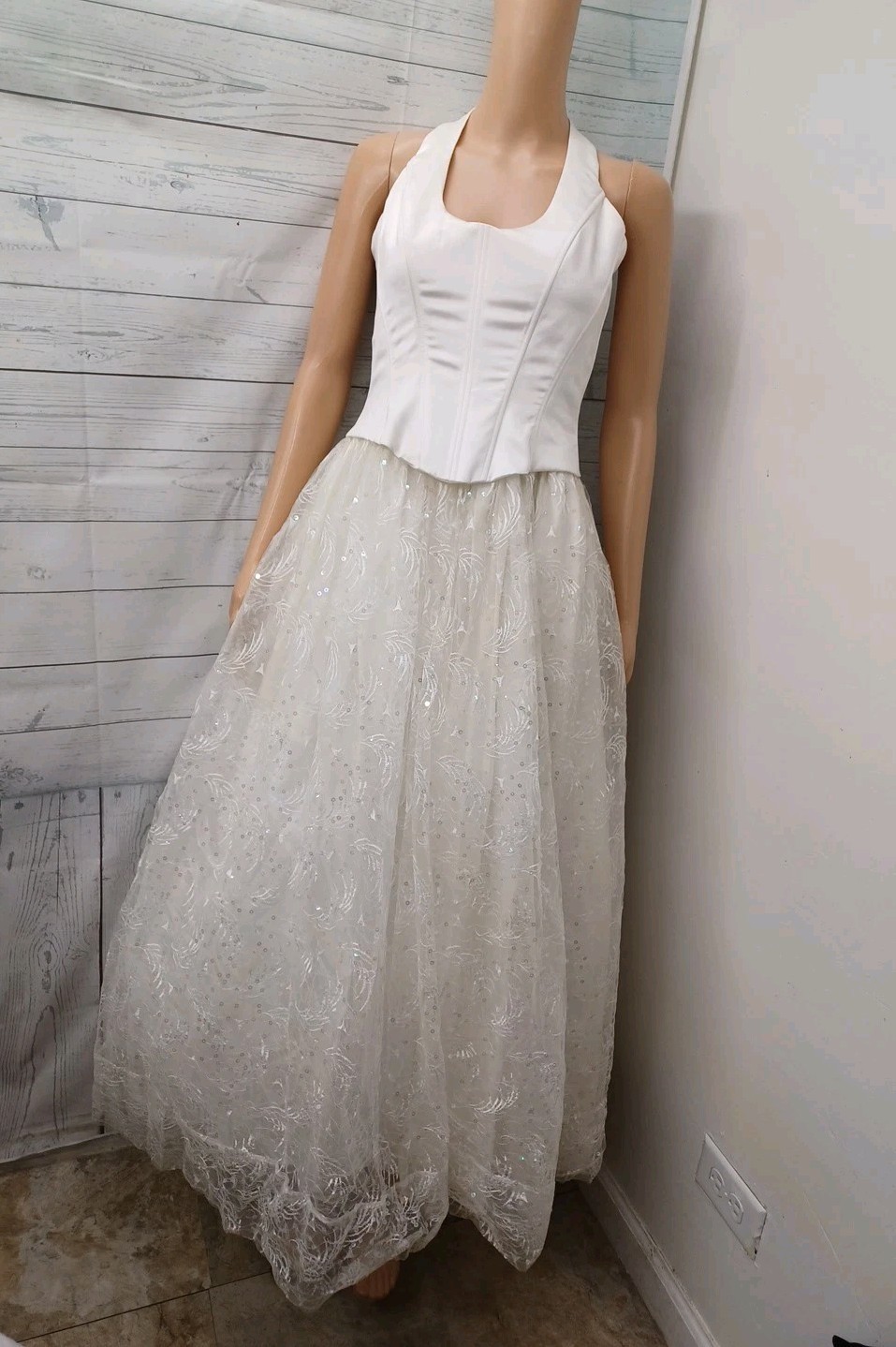 Vtg Jessica McClintock Bridal Ivory Halter Maxi Dress Sz 4 Wedding Prom Sequined