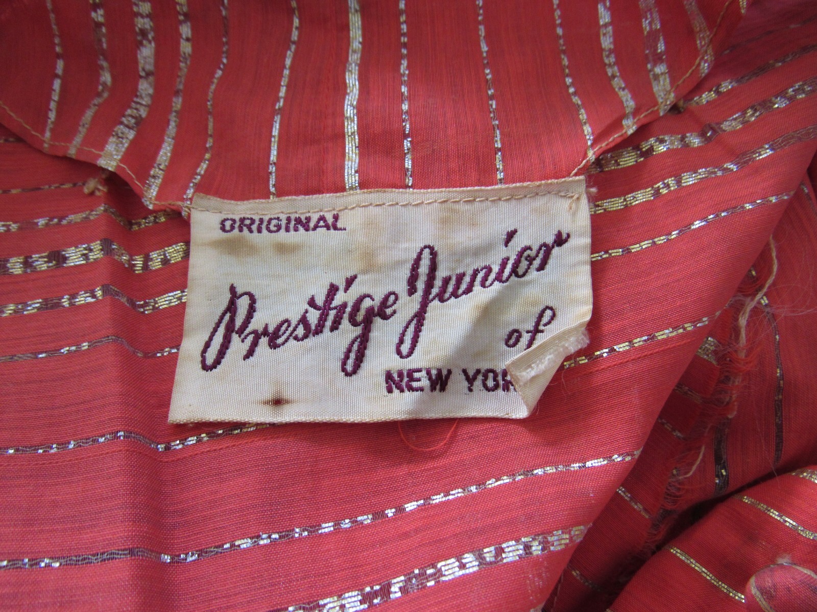 Vintage 50s Prestige Junior Orange Gold Metallic Stripe Lurex Belted Dress XS/S