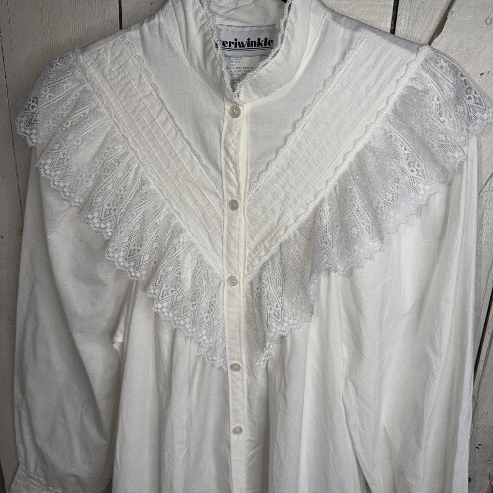 Vintage Periwinkle White Long Peasant Boho Dress High Neck Lace Ruffle Sz S USA