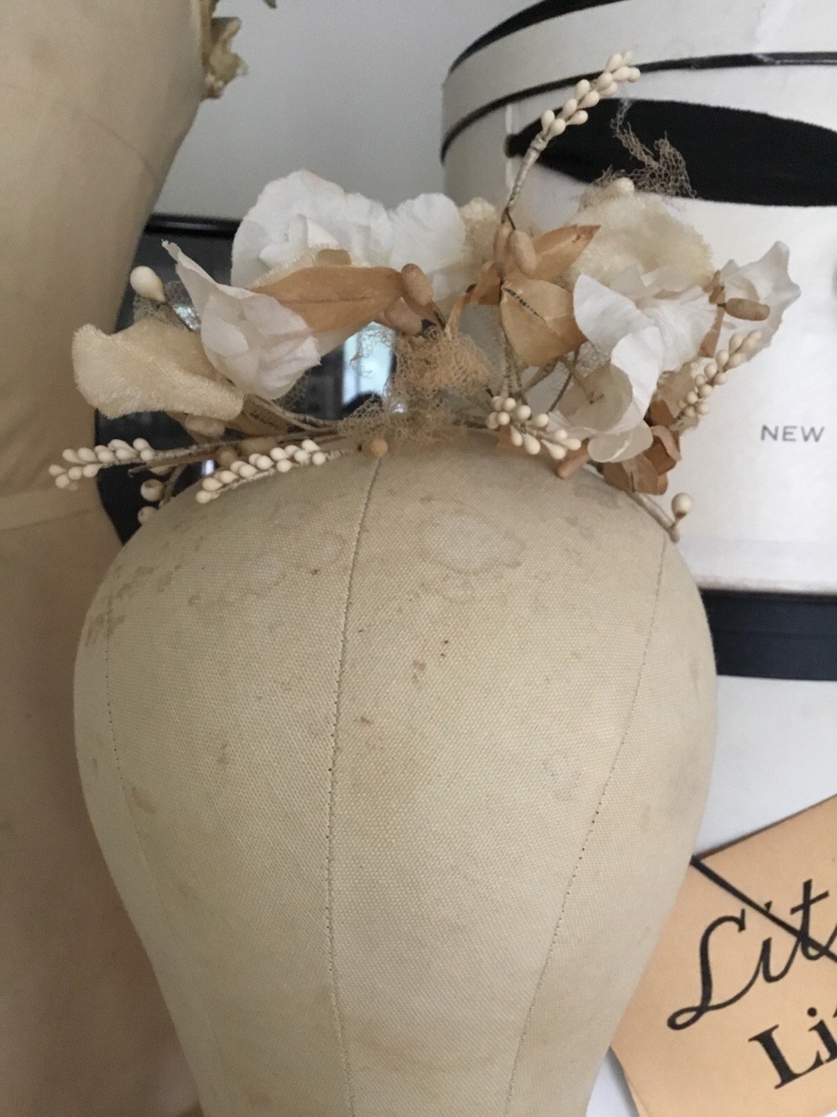 Antique FRENCH Victorian Wedding Crown Tiara Headpiece Wax Berries Fabric Flower