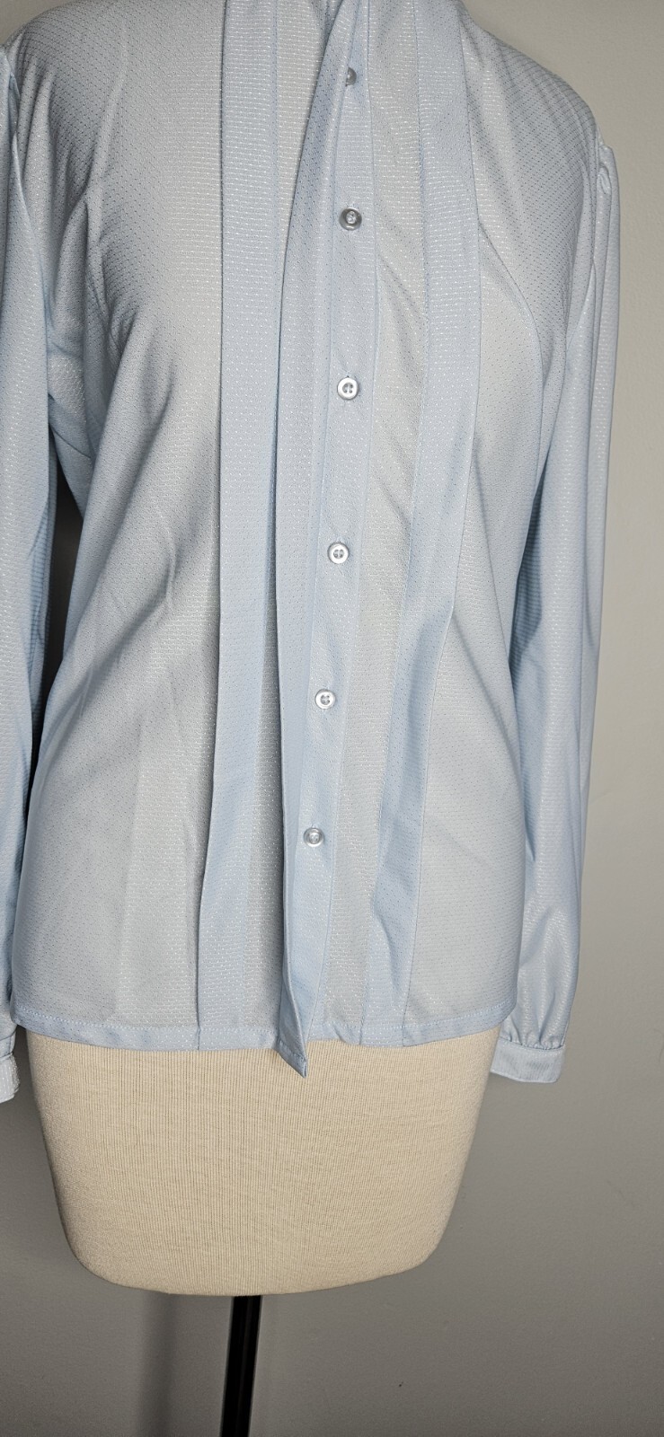 VTG 1970s Higbee Co Powder Blue Frill Button Front Blouse L
