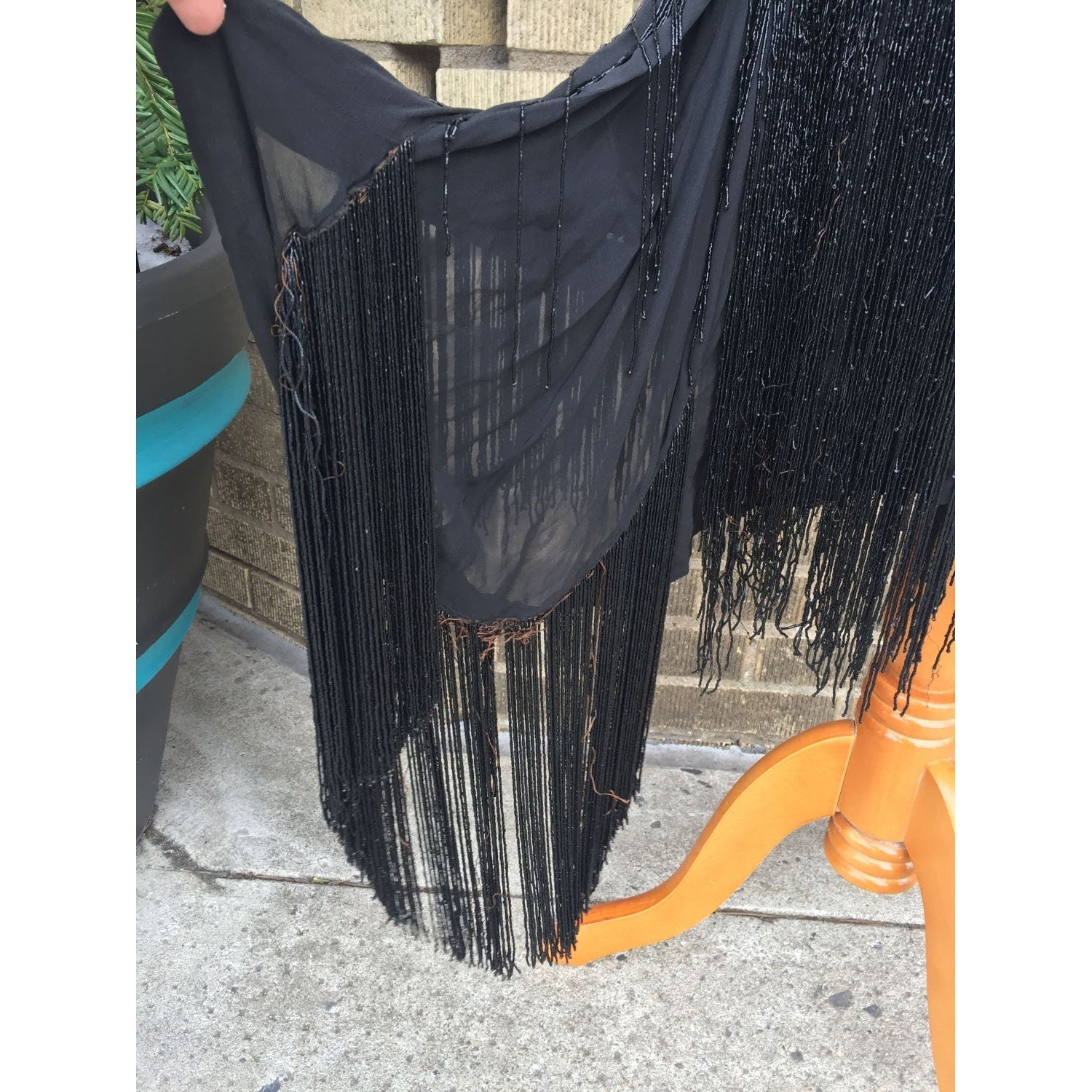 Rare 1920s Beaded Sequin Flapper Dress, Black Silk Chiffon Fringe, XS/S