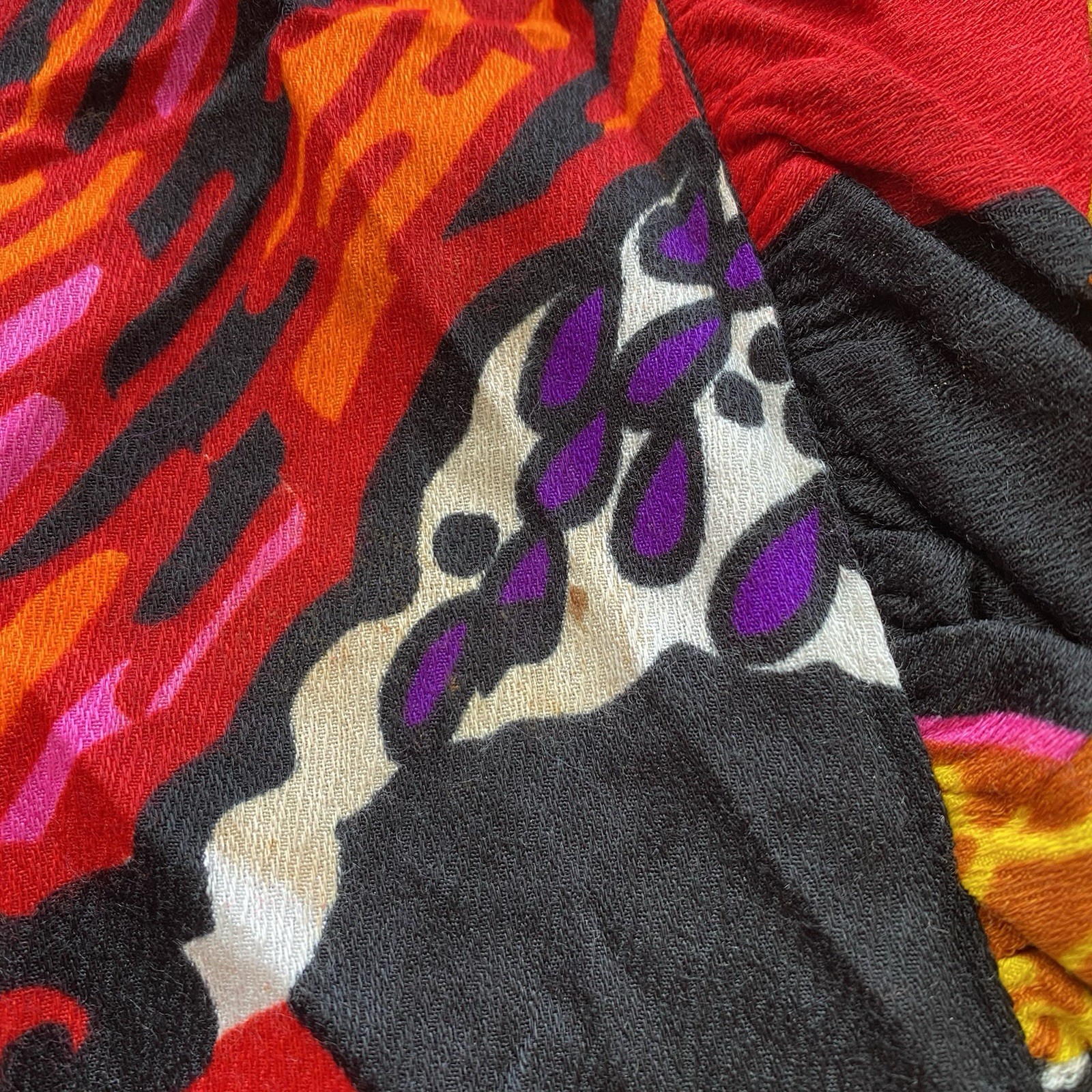 Vintage 70s Barkcloth Maxi Wrap Skirt Pink Purple Psychedelic 26 Waist Ruffle