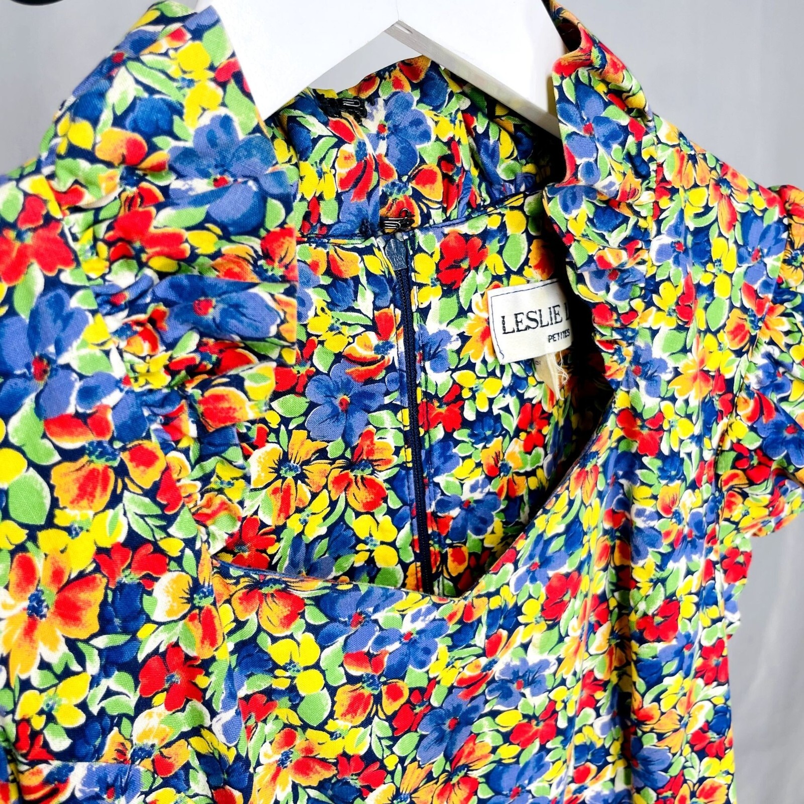 Vintage 80s Womens High Ruffle Neck Collar Flutter Sleeve Floral Dress 2 / XS