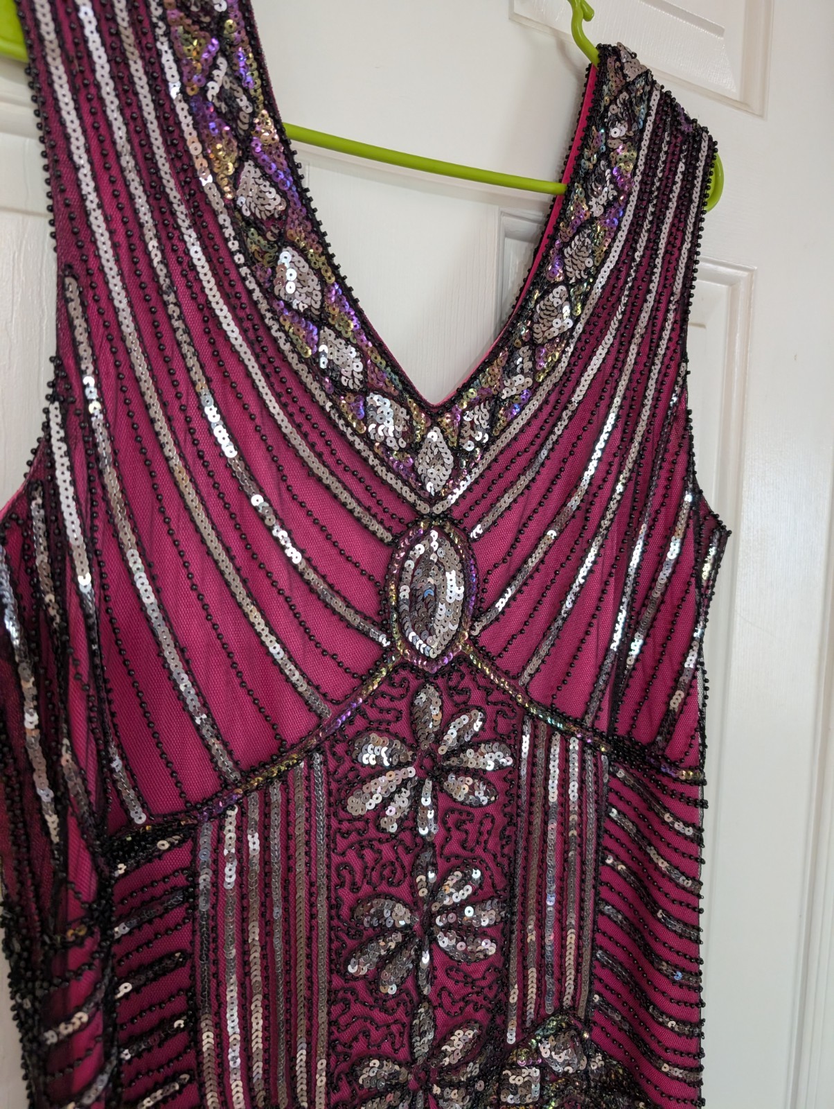 1920s Flapper Great Gatsby Dress, Costume V-Neck Sequin Beaded Sz XXL Black Pink