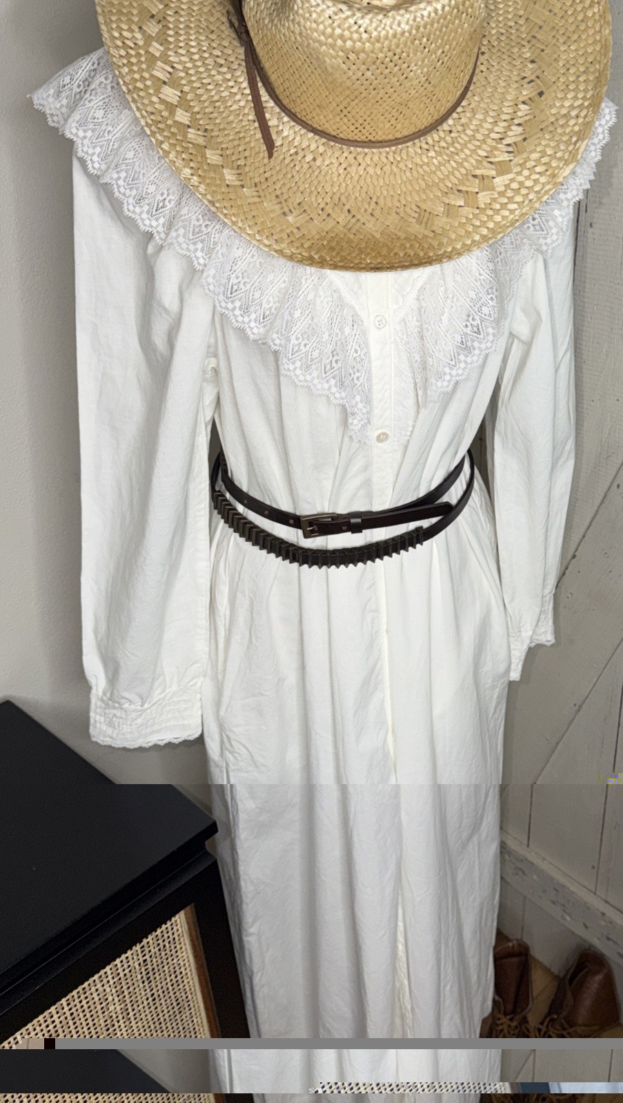 Vintage Periwinkle White Long Peasant Boho Dress High Neck Lace Ruffle Sz S USA