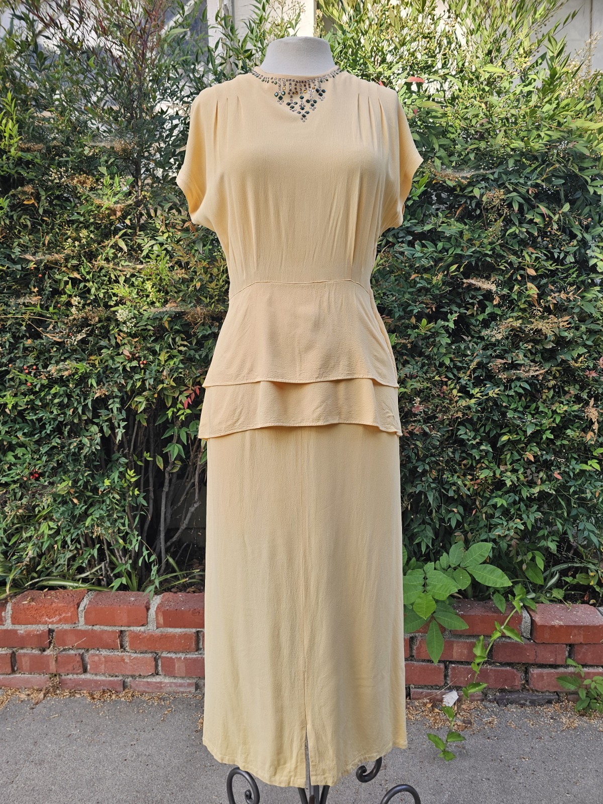 Vintage 1930s Art Deco Rhinestone Tiered Peplum Day Dress