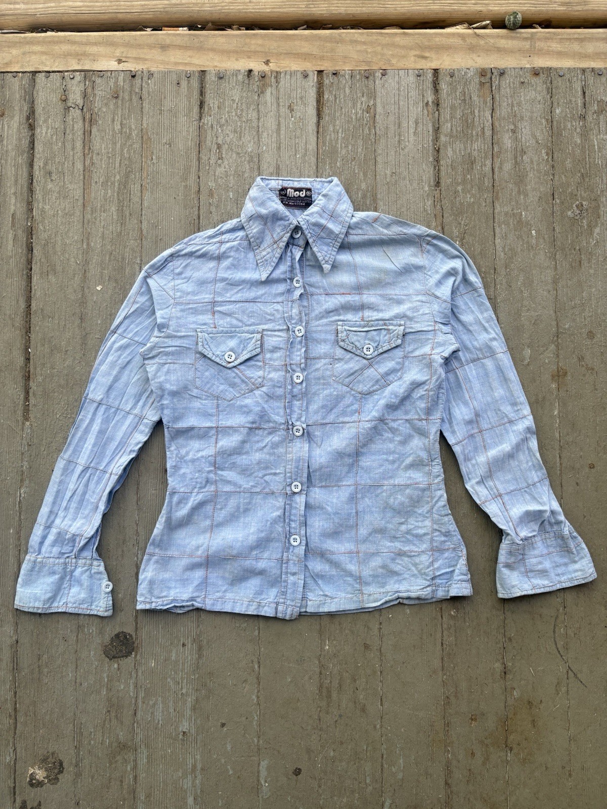 1970s Mod Chambray Button Up Shirt Long Sleeve Dagger Collar