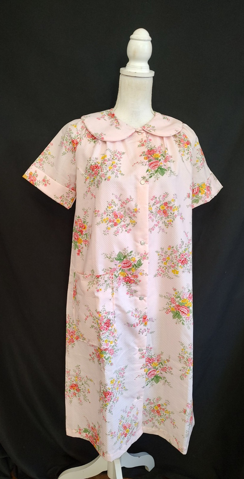 NOS 80&rsquo;s Vintage House Coat Dress JC Penney Robe Pink Floral Snap Front Sz 12