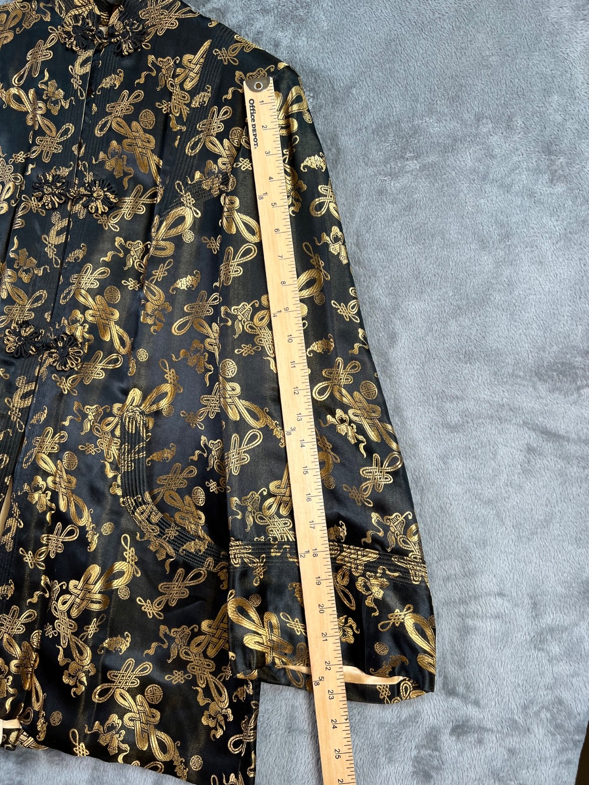 Dynasty Hong Kong Silk Jacket 16 20×28 Black Gold Mandarin Frog Closure Vtg 60s*