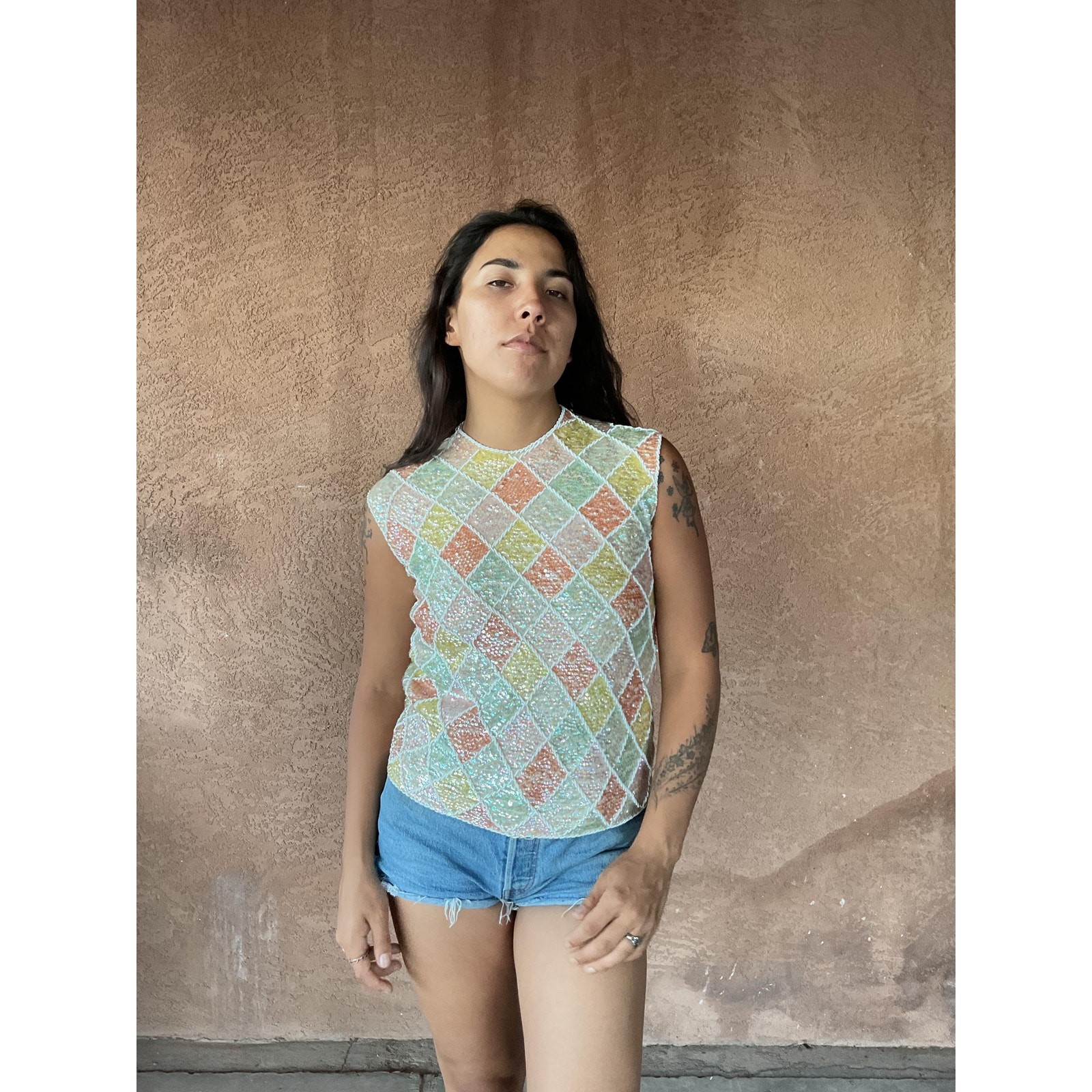 Vintage Multicolor Pastel Sequin Sleeveless Top – Diamond Pattern