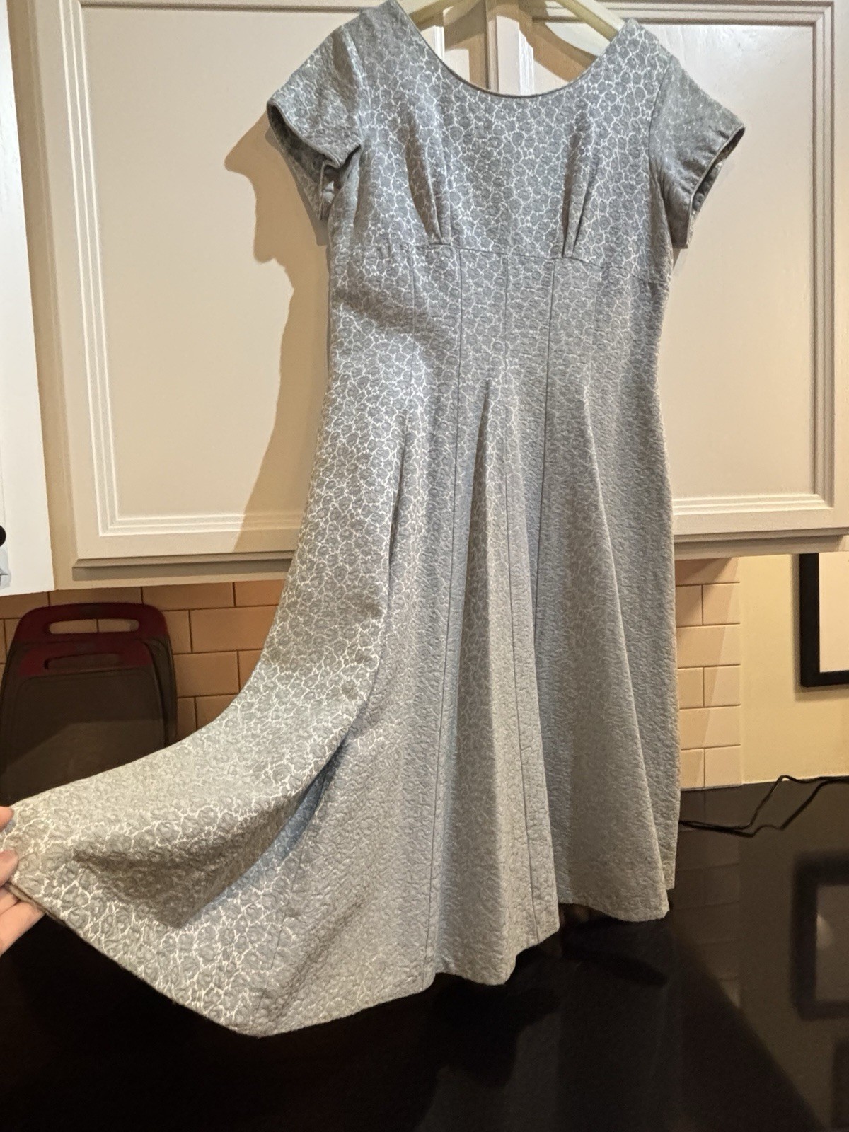 1960s Vintage Shimmering Powder Blue Floral Brocade Mid Length Dress. M/L Hand