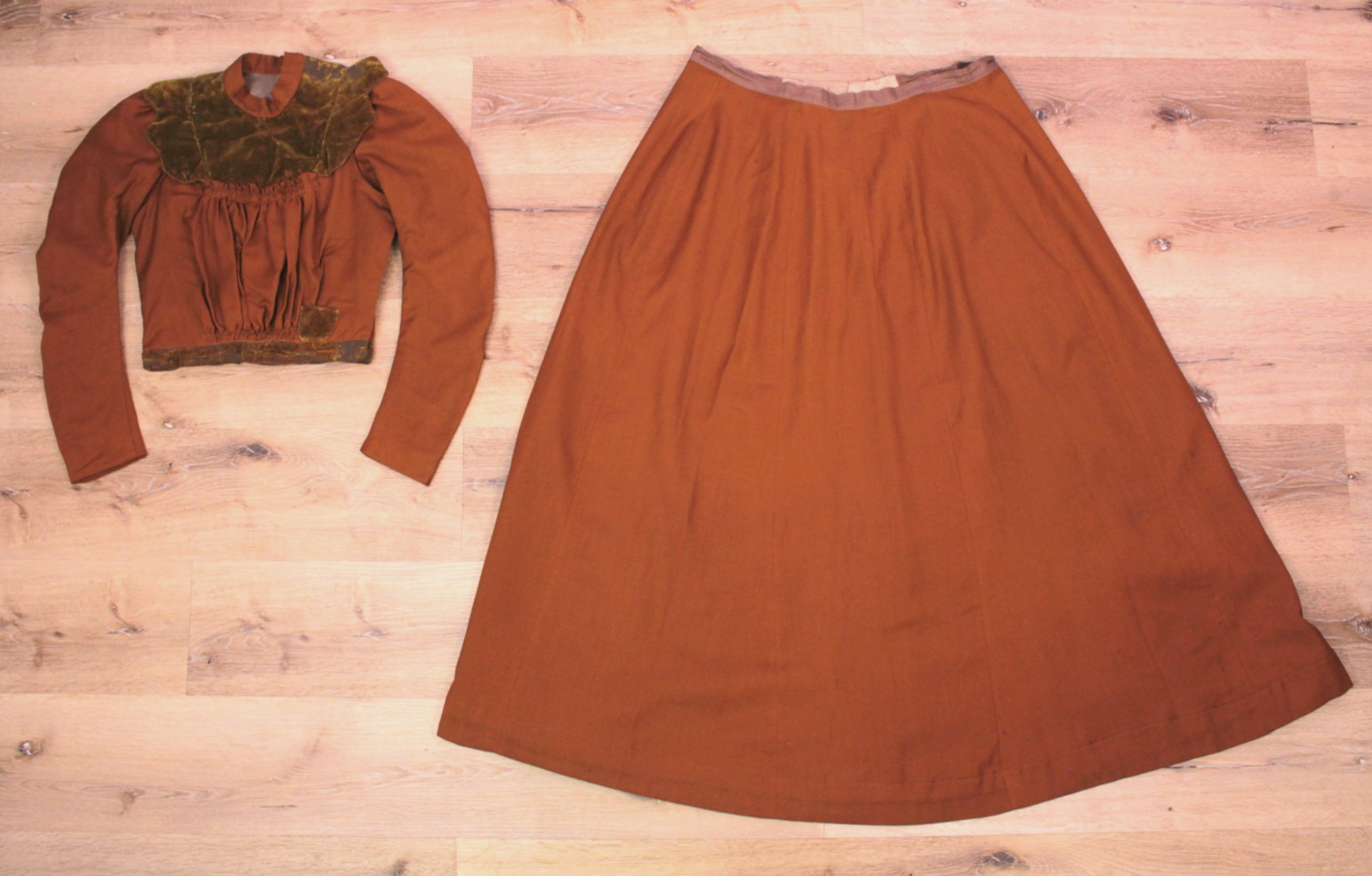 VTG Women&rsquo;s Antique Late 1800s 2 Pc Burnt Orange / Brown Jacket & Skirt Set XS/S