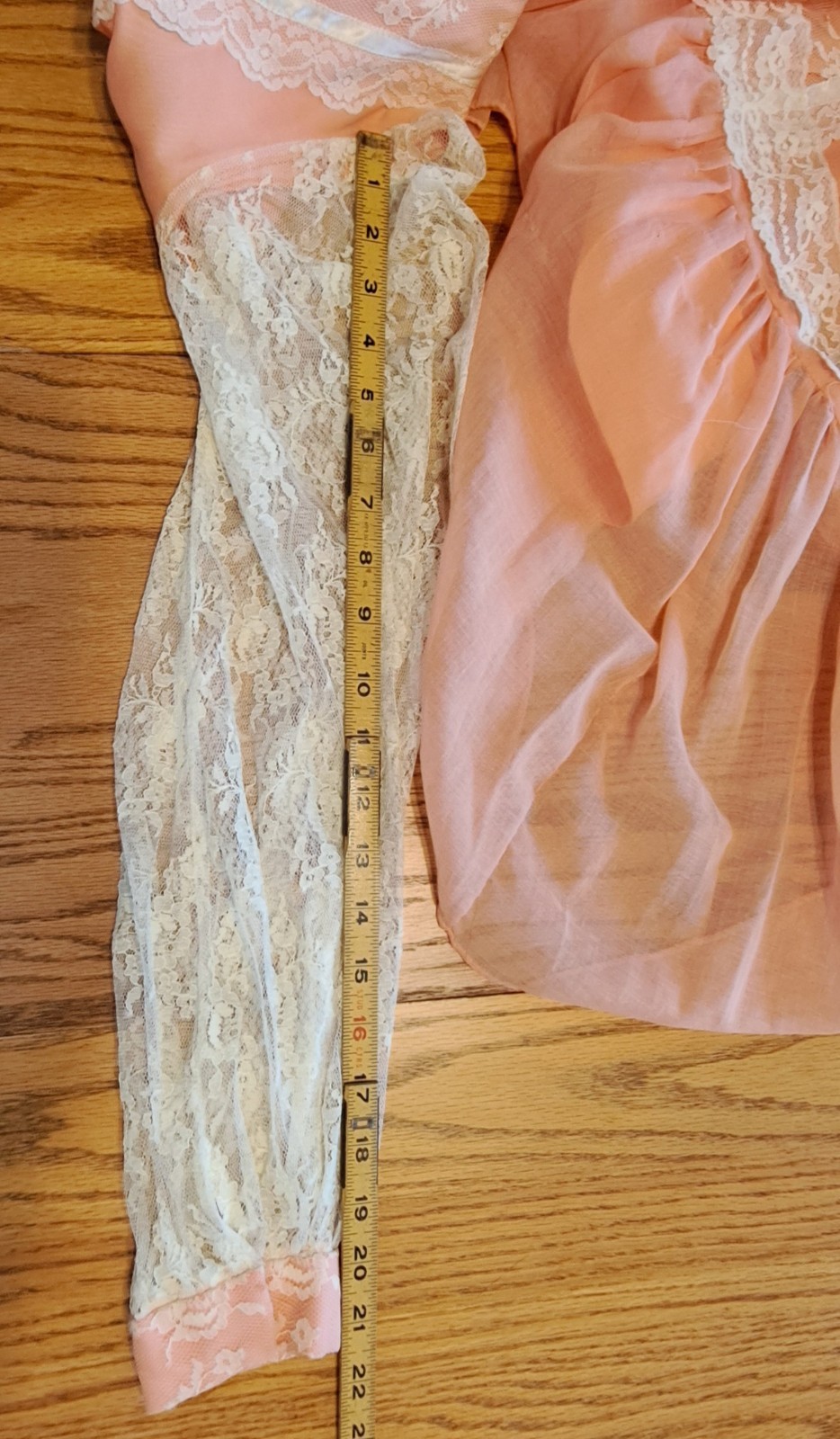 Vtg 70s Peach Chiffon Lace Prairie Granny Victorian Prom Maxi Gown Sz 7/8 Flaws