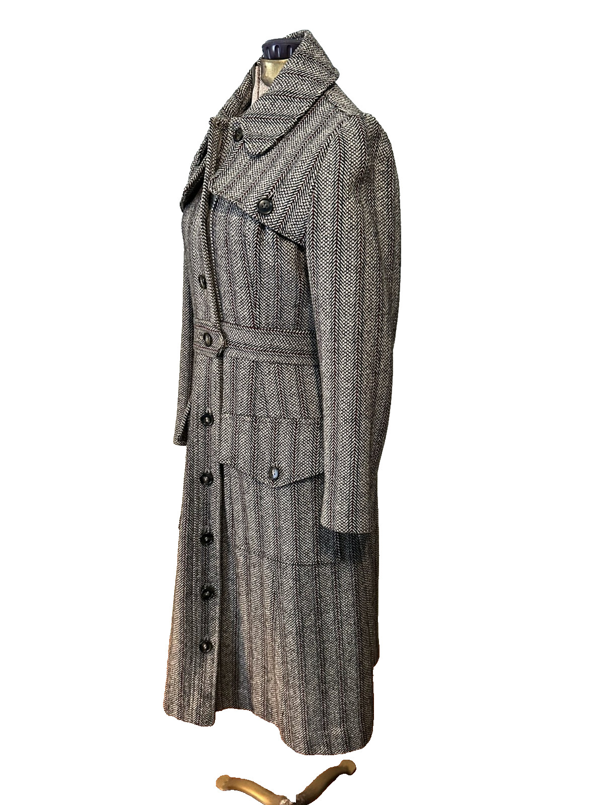 Vintage 1940 Hand-Tailored Herringbone Wool Princess Coat Long Fitted Gorgeous S