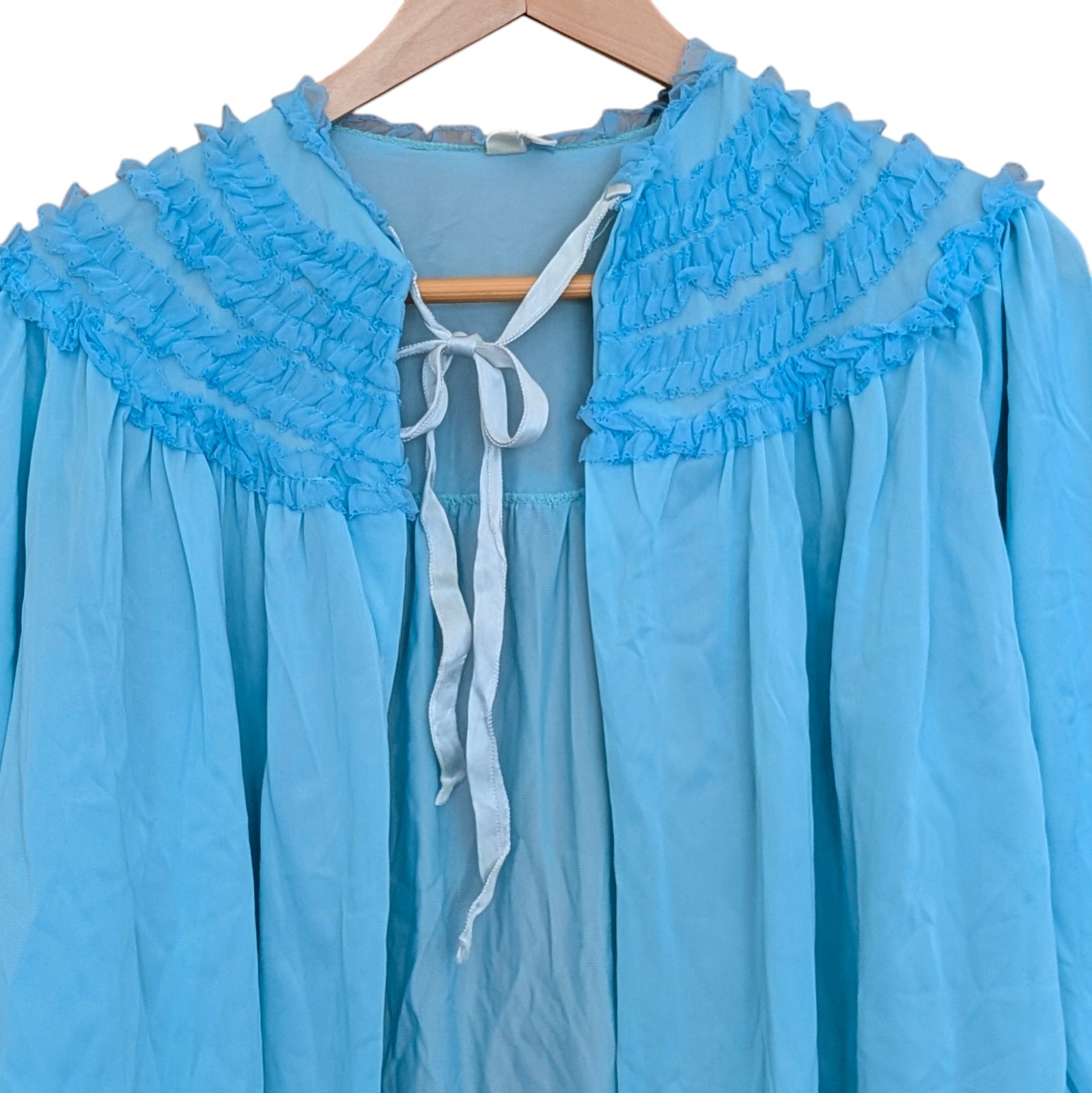 Vintage TexSheen Light Blue Ruffled Tie-Front Bed Jacket Nylon Sheer L Victorian