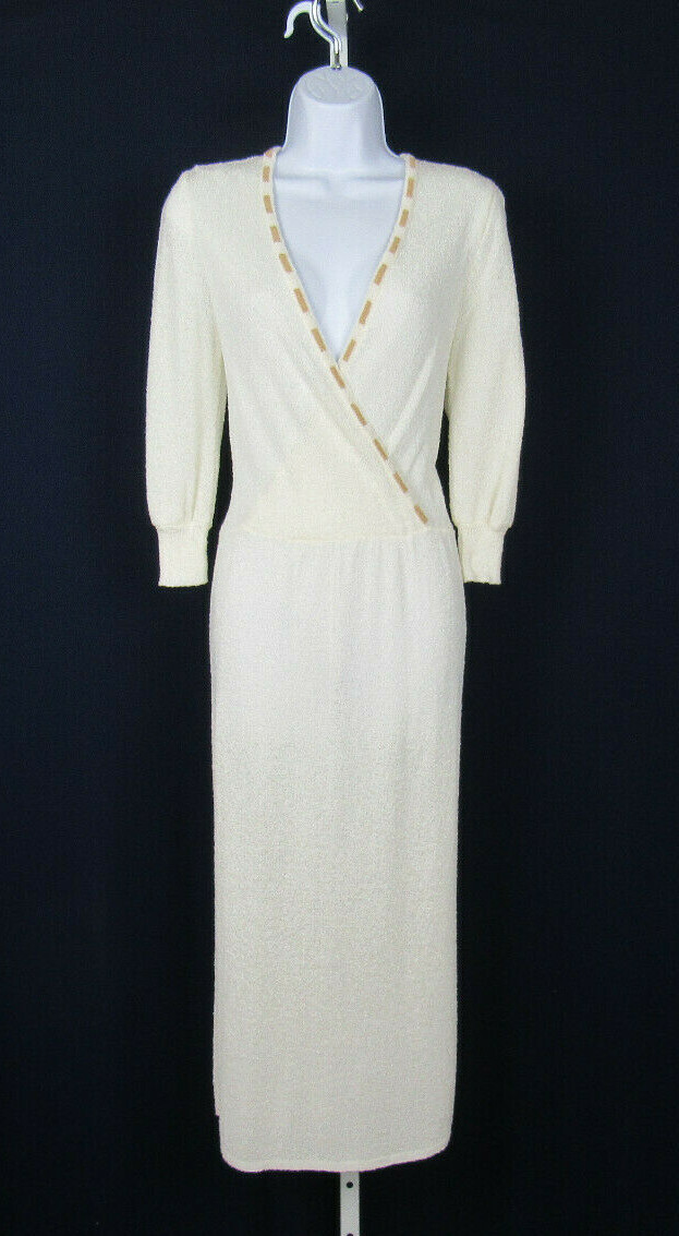 VTG 1980s CHRISTINE VON LUMBE SIZE 8 DRESS CREAM TAN ACCENTS NUBBY RAYON NYLON