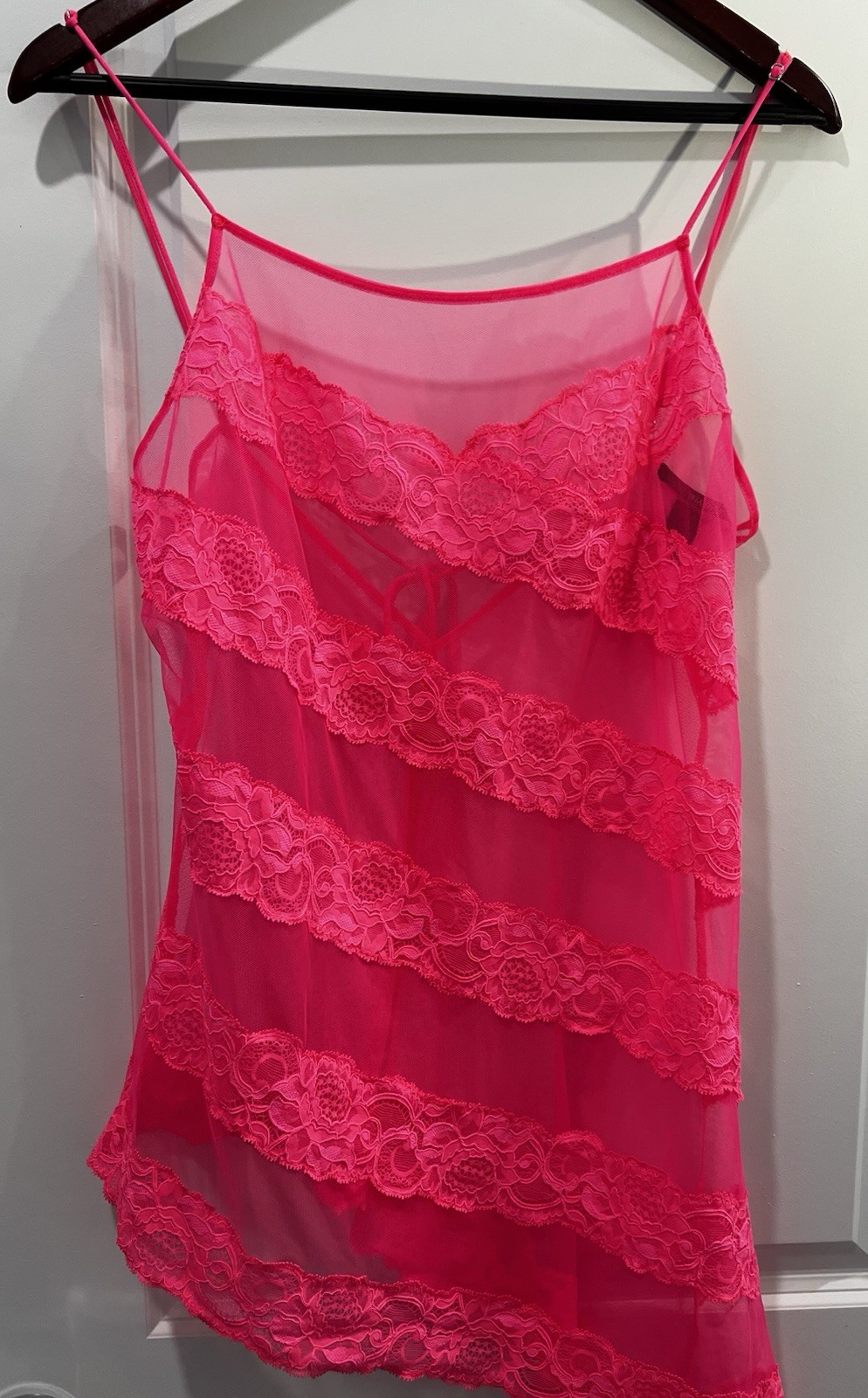 Vintage Victoria’s Secret Hot Pink Mesh Asymmetrical Slip Dress Lace Babydoll