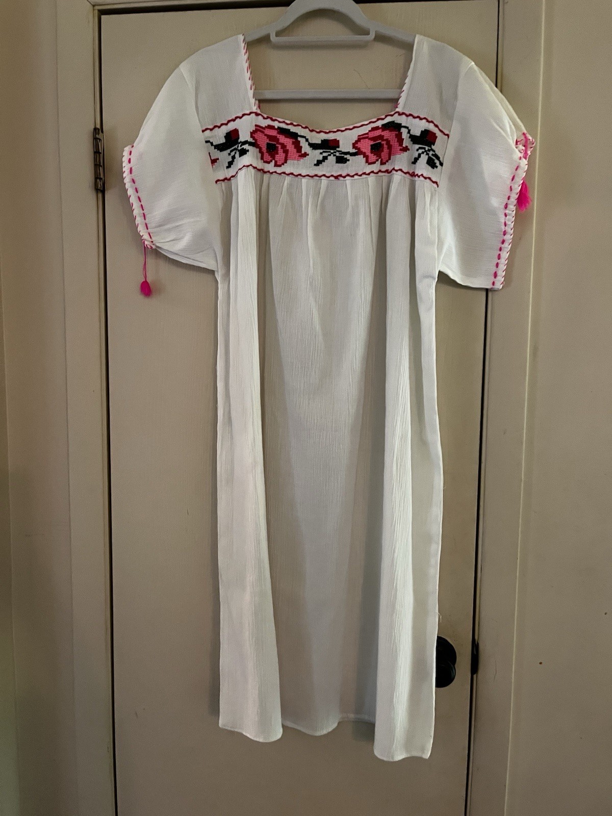 VTG 70s Mexican Folk Embroidered Festival Beach Boho Cotton Caftan Tunic Dress