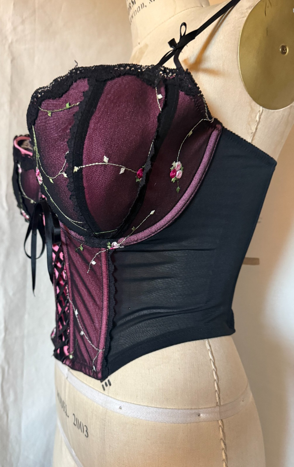 LACE FRONT CORSET BUSTIER « ENCHANTED » SHEER BLACK NYLON w EMBROIDERED CUPS 42DD