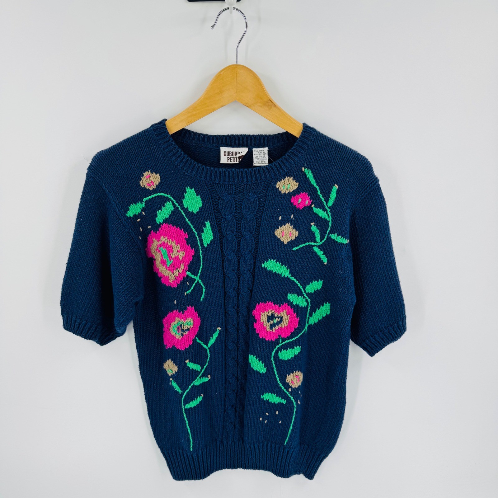 Vintage Floral Embroidered Sweater Size PS Ramie Cotton Cottage Grandma