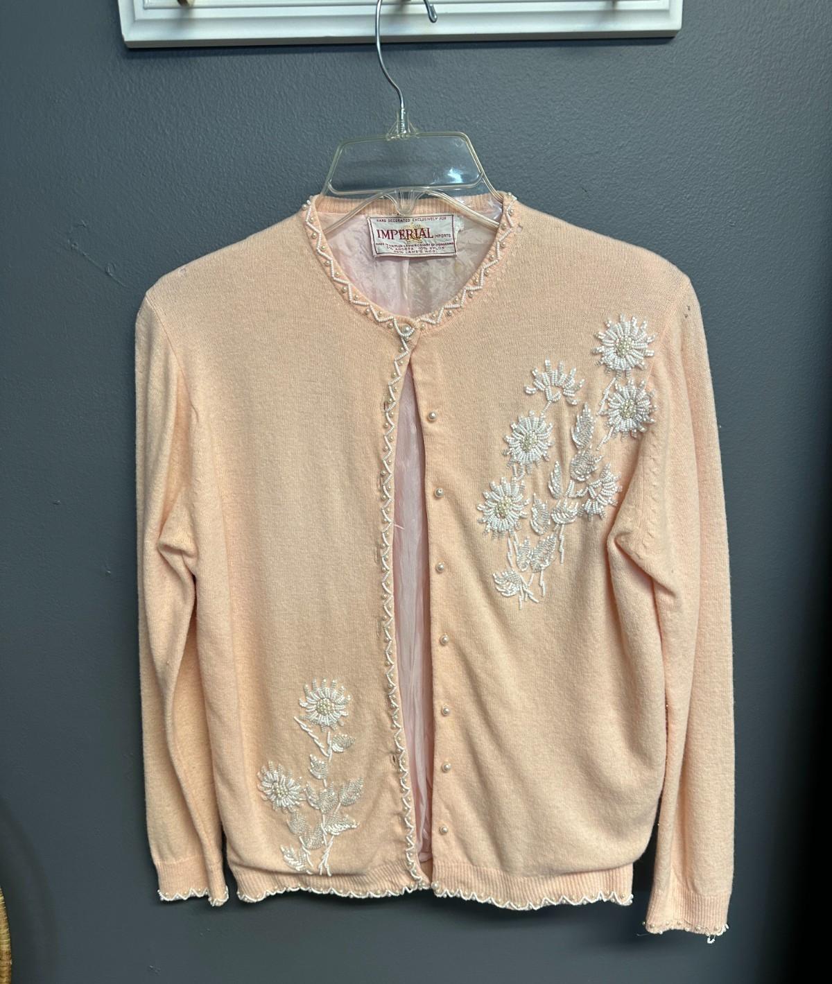 Vintage Imperial Imports Womens Size S Pink Beaded Cardigan Angora Lambs Wool **