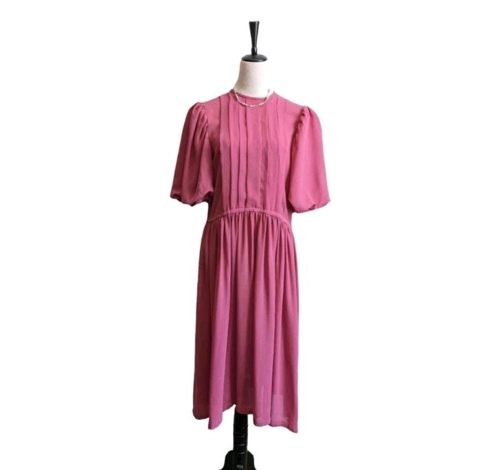 80s Dress Womens Large Mauve Pink Puff Sleeve Pleated Bodice Vintage Midi
