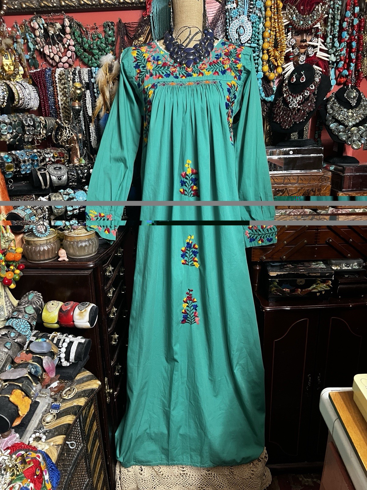 Beautiful Green Mexican Oaxaca Dress In Long Sleeve Multi Color Embroidery M/L