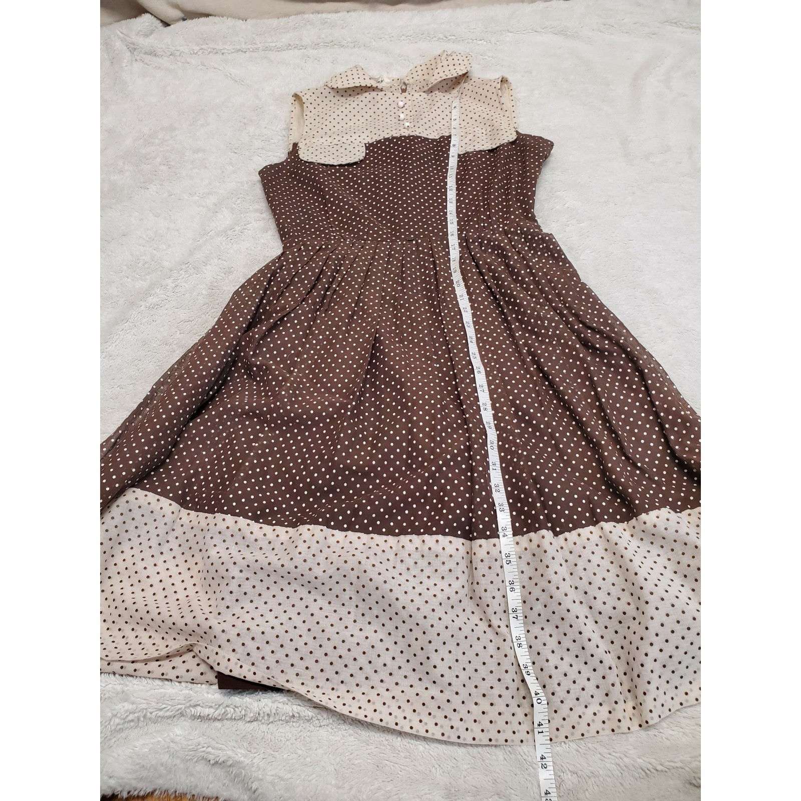Vintage Adele Marcin Brown Cream Polka Dot Midi Dress XS Boho Chic Retro Cottage