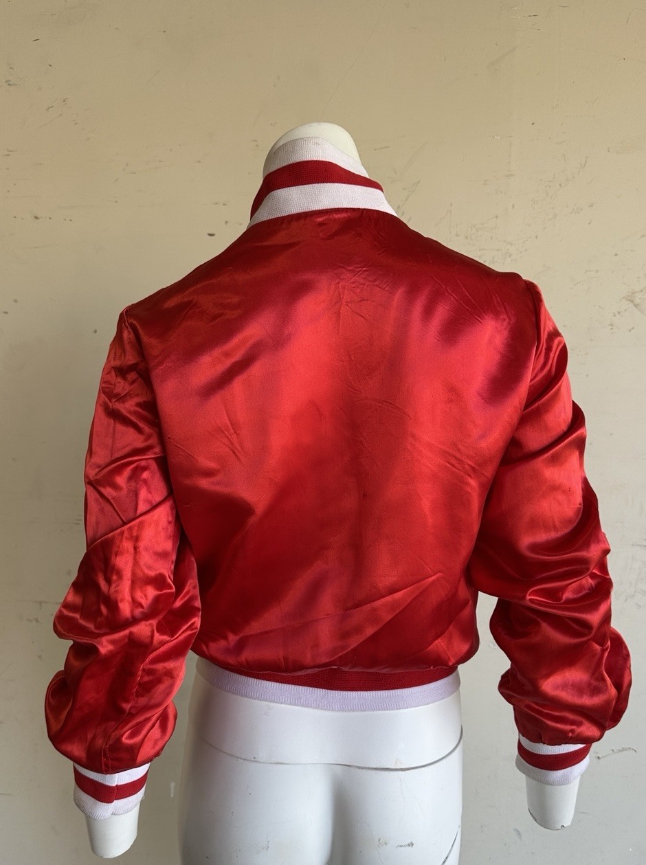 Vintage 70s Red Satin Bomber Jacket Roller Girl Farrah Fawcett Disco 1970s