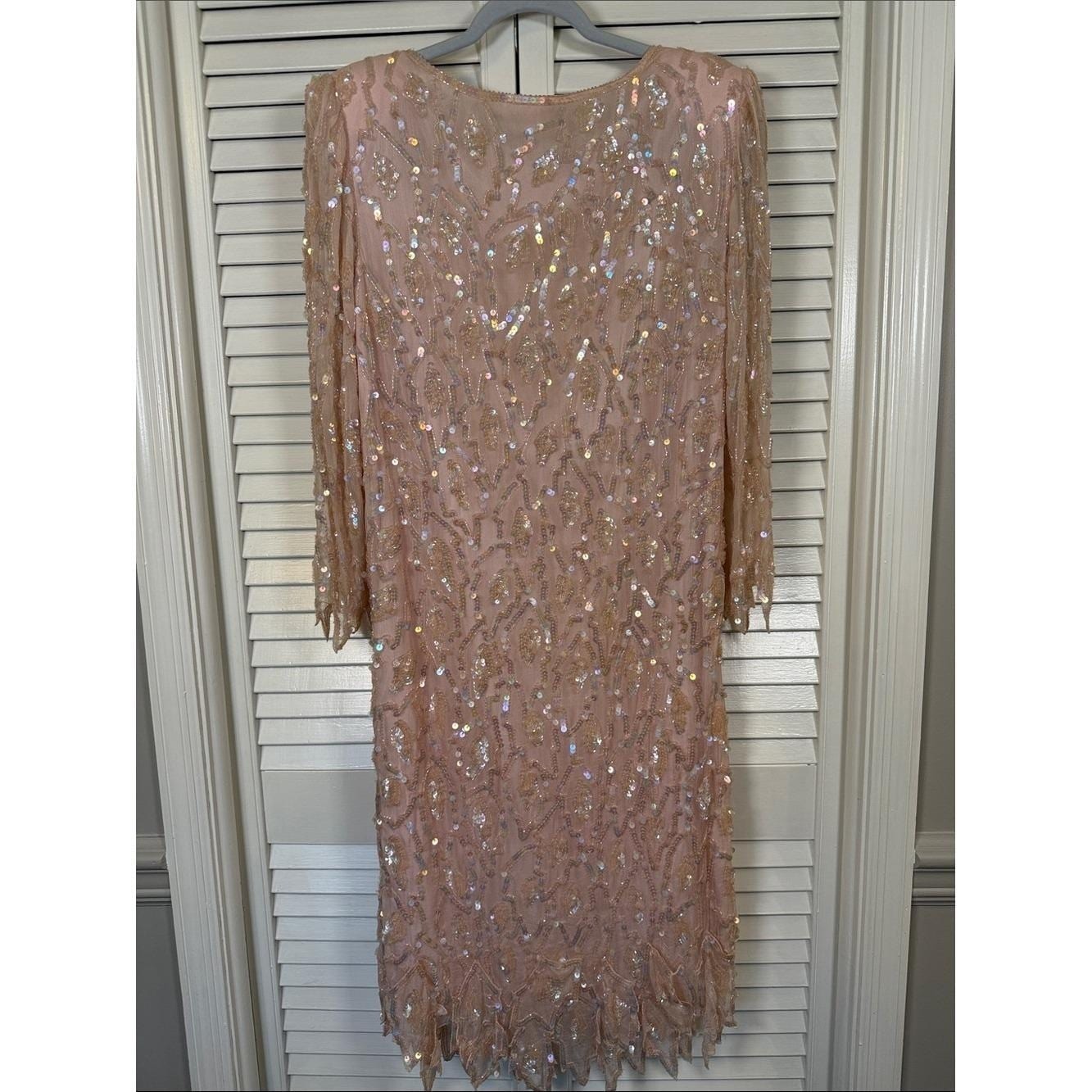 VTG Swee Lo Pink Silk Sequin Beaded Leaf Cocktail Dress Small