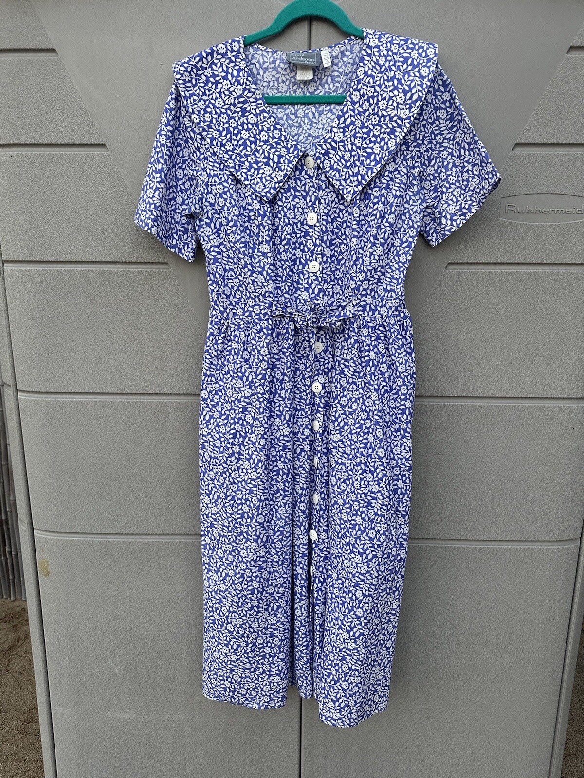 Vintage 80s Carol Anderson Cotton Floral Shawl Collar Full Tea Midi Dress Sz 10