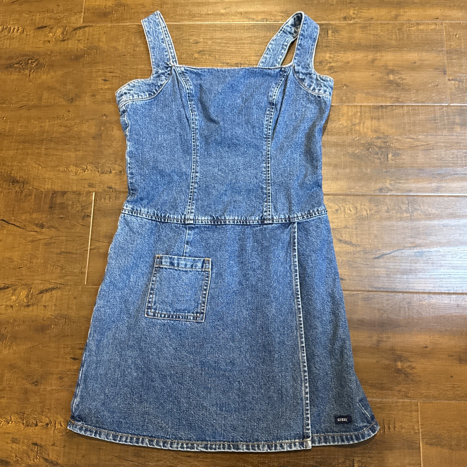 90s Y2K Vintage Guess Denim Mini Dress Size 5 Small Blue Jeans Western Boho