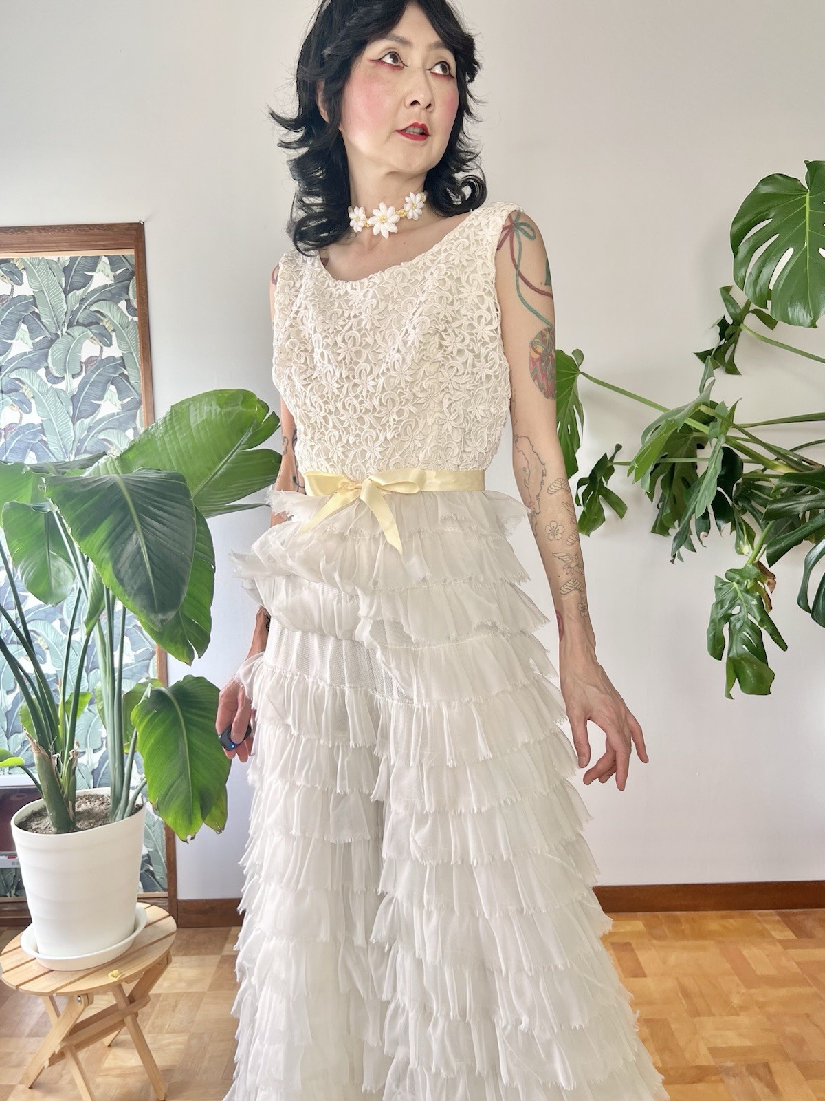 VTG 60s Kadine Lace Palazzo Jumpsuit White Tiered Chiffon Ruffle Mod Bridal S