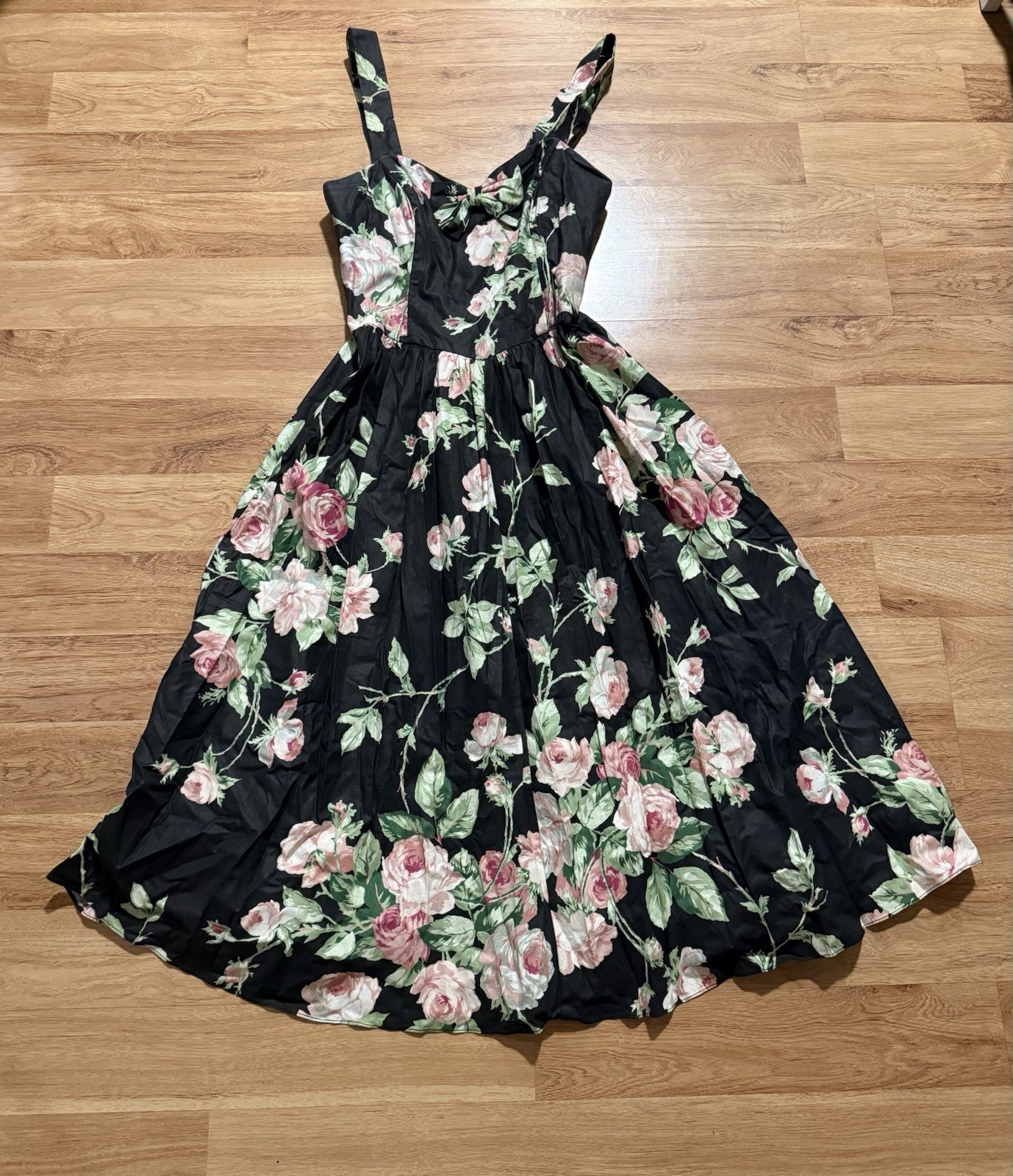 VTG 80s 90s Floral Midi Dress Corset Cottagecore Romantic Black Sz 10