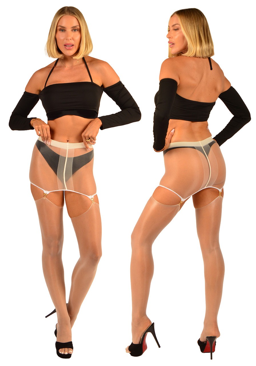 Rochelle – Oil Shine Nylon Garter & Roll Top Stockings with Garter Clips