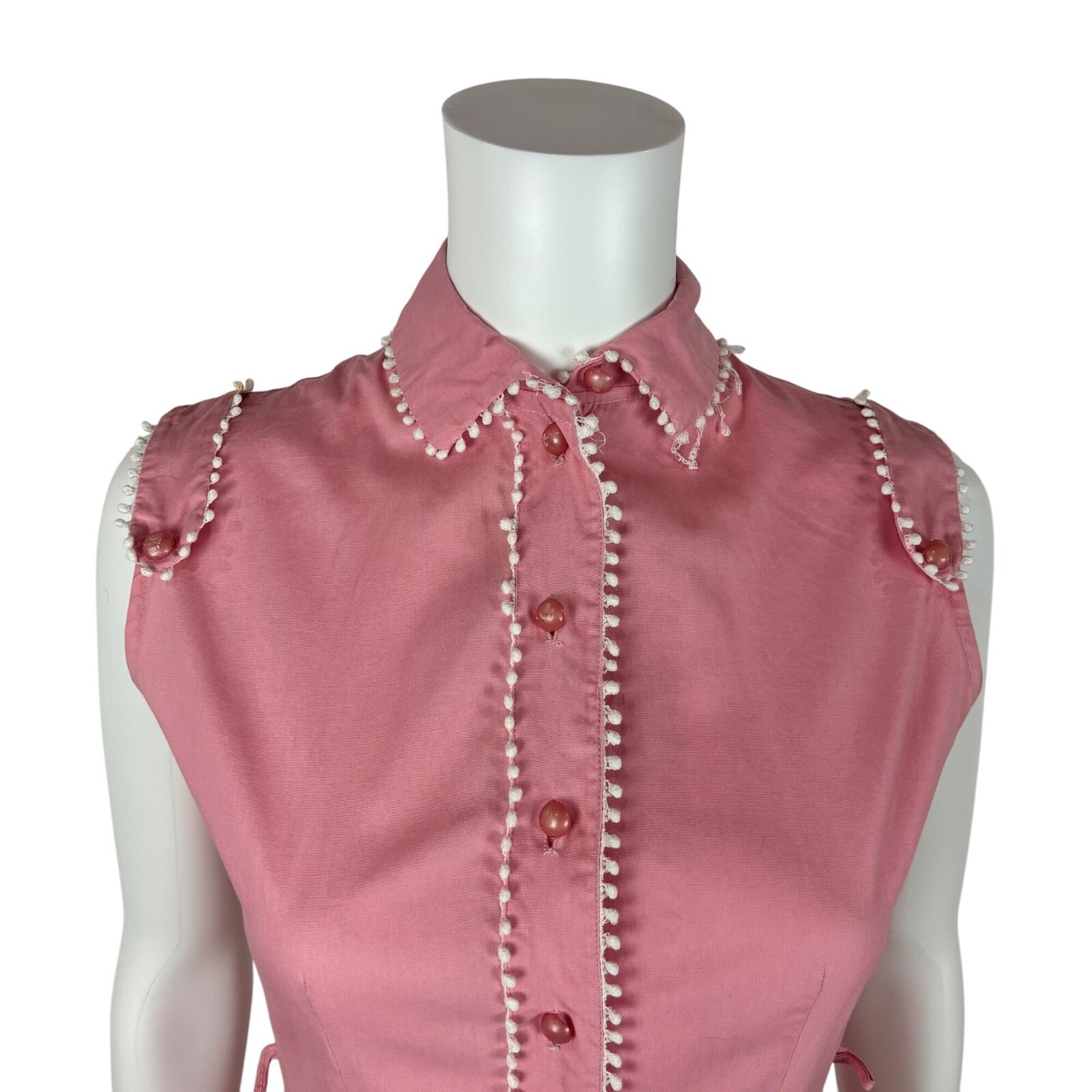 Vintage 50s Pink Shirtdress Women&rsquo;s Size XXS Cotton Scallop Trim Fit & Flare