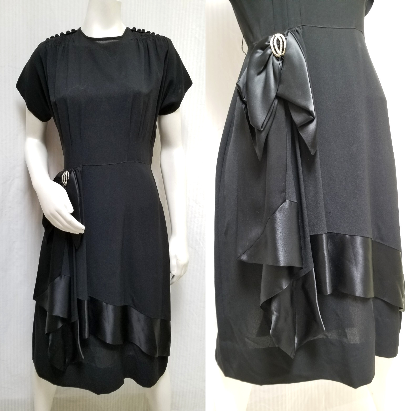 Beautiful Vintage 1940&rsquo;s Black Crepe & Satin Dress with Rhinestones – Size M