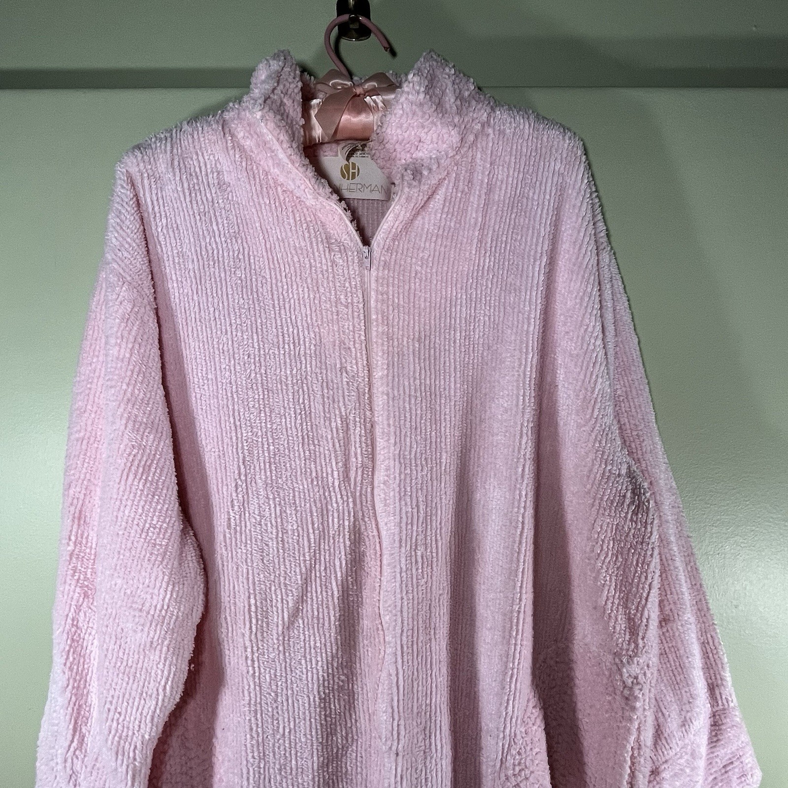 Vintage Stan Herman Pink Chenille Robe House Dress Half Zip Full Length