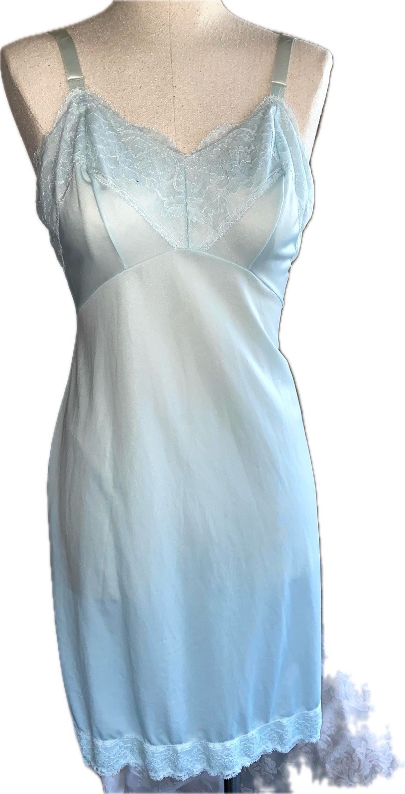 Vtg Full Slip Pinehurst Lingerie 60’s Lace Bodice Baby Blue Nylon 34 36 S M
