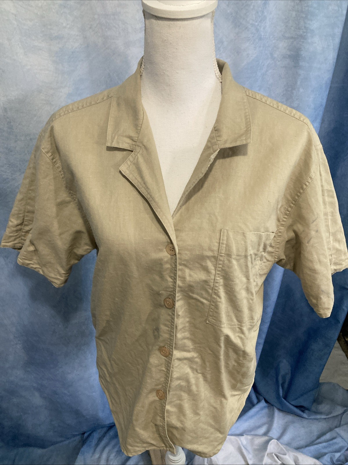 Vtg 90s SK & Co Khaki Heavy Camp Shirt Shacket 10 Distressed Ramie Cotton Blend