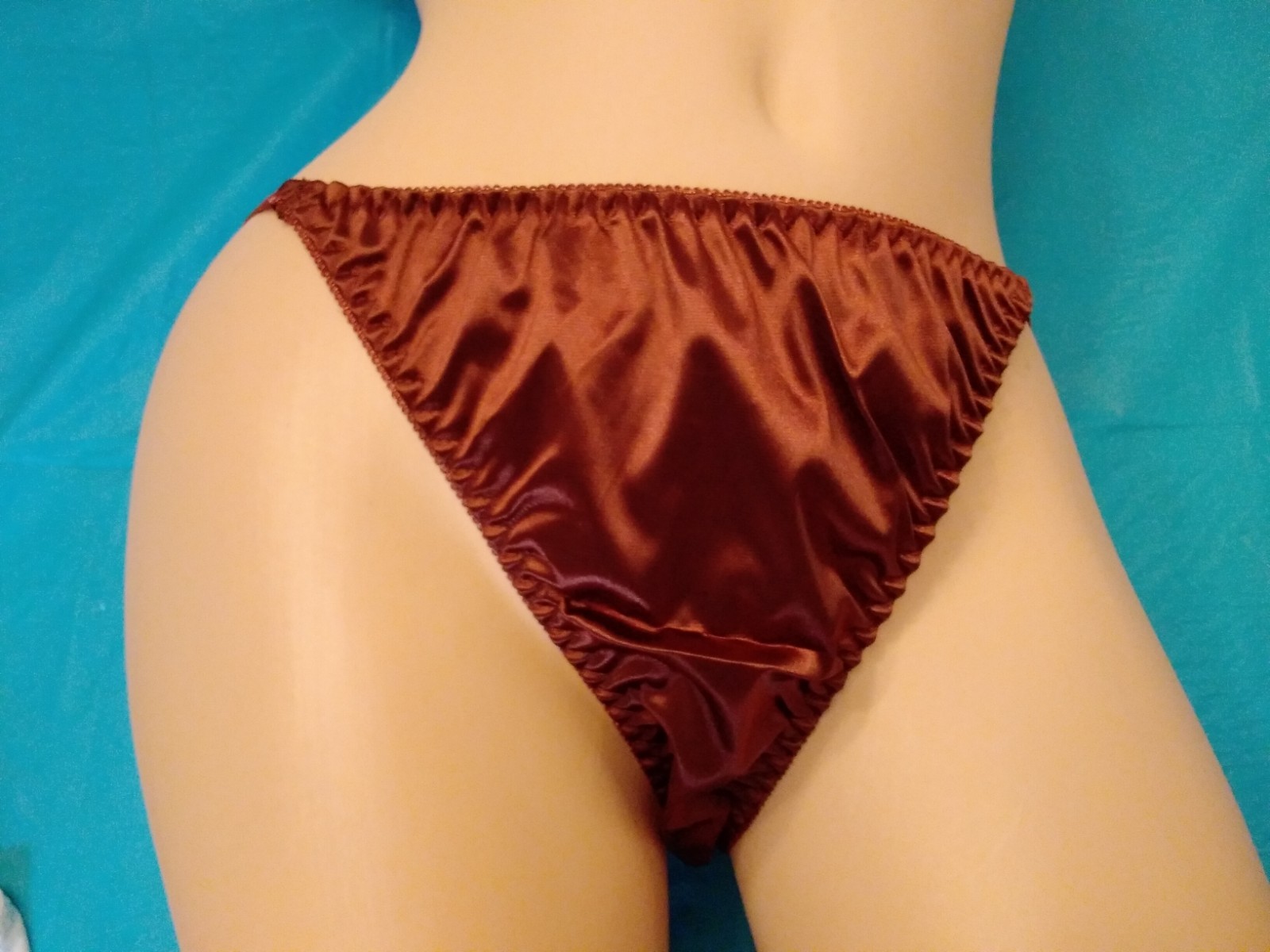 Panties String Bikini Lingerie Glossy Satin Second Skin L Copper Stretchy