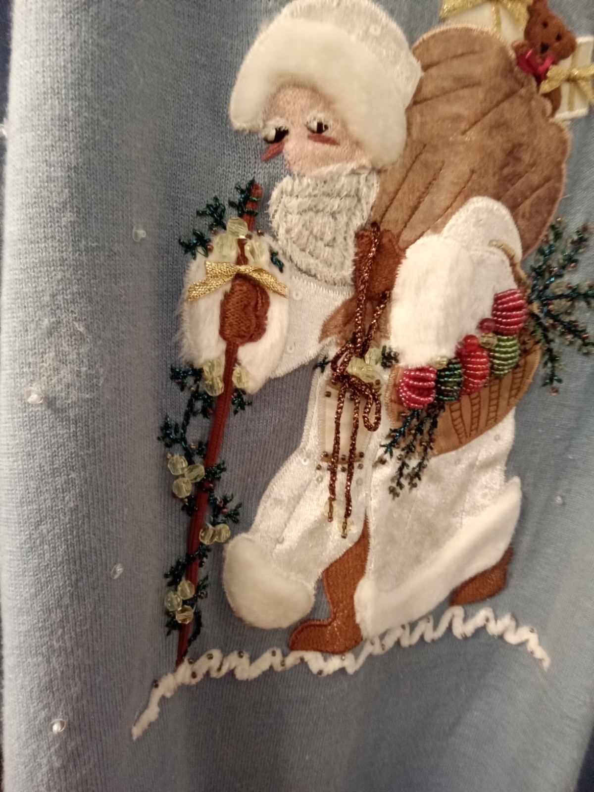 Vtg. Quacker Factory Christmas Sweater. Light Blue With Appliqued Santa. Sz. 1X