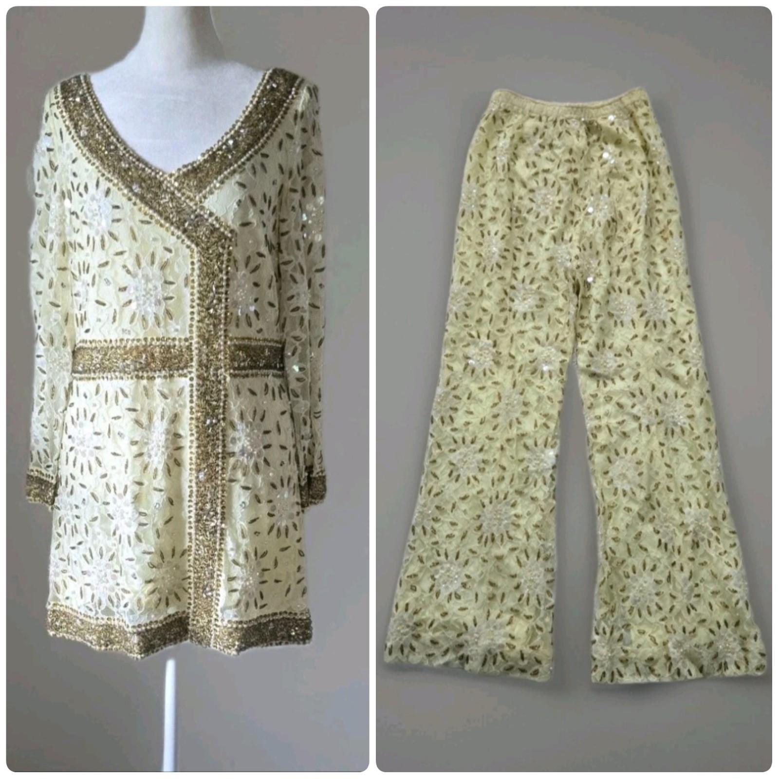 Vtg 60s 70s Beaded Tunic Top & Pants Set, Yellow & Gold, Vacation, S