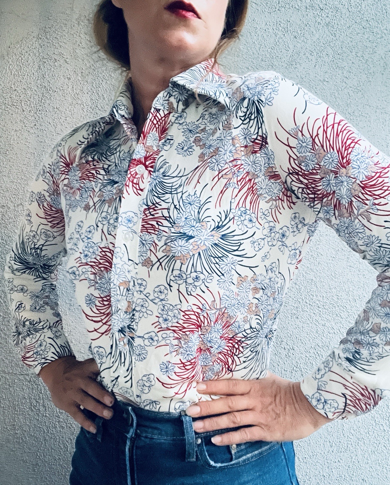 Vintage 1970s Alex Colman Red White and Blue Floral Long Sleeve Blouse Sz S/M