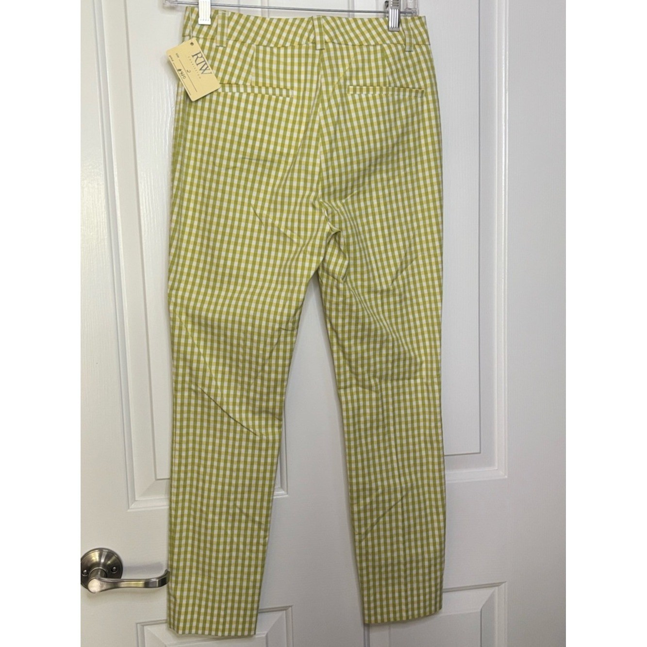 NWT VIA MASINI Gingham Slim Ankle Pants in Green, Yellow and White Italian 38/2