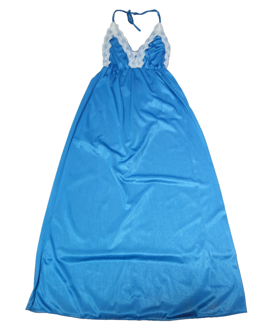 Vtg. Undercover Wear Nightgown Long Sz. Petite Blue Halter Top Tie Low Back