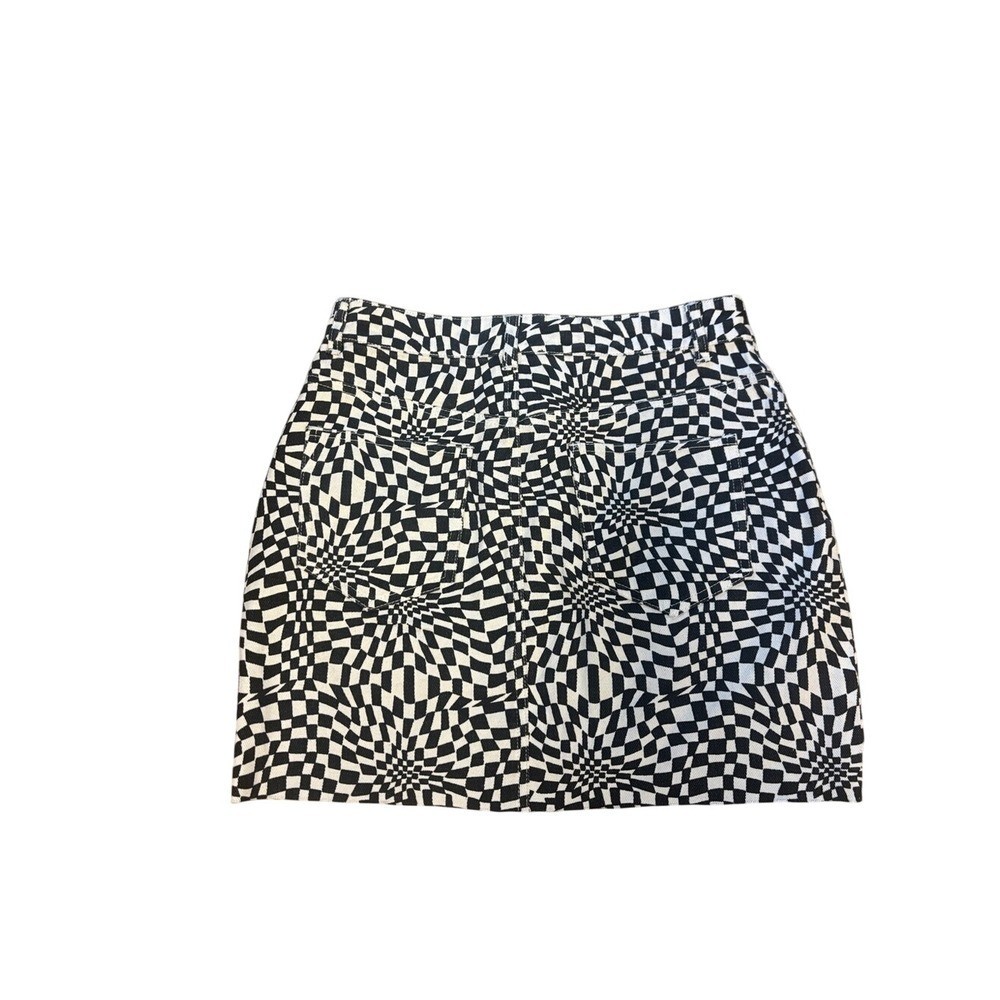 VICI Black White Warped Checkerboard Denim Mini Skirt Psychedelic Print Medium