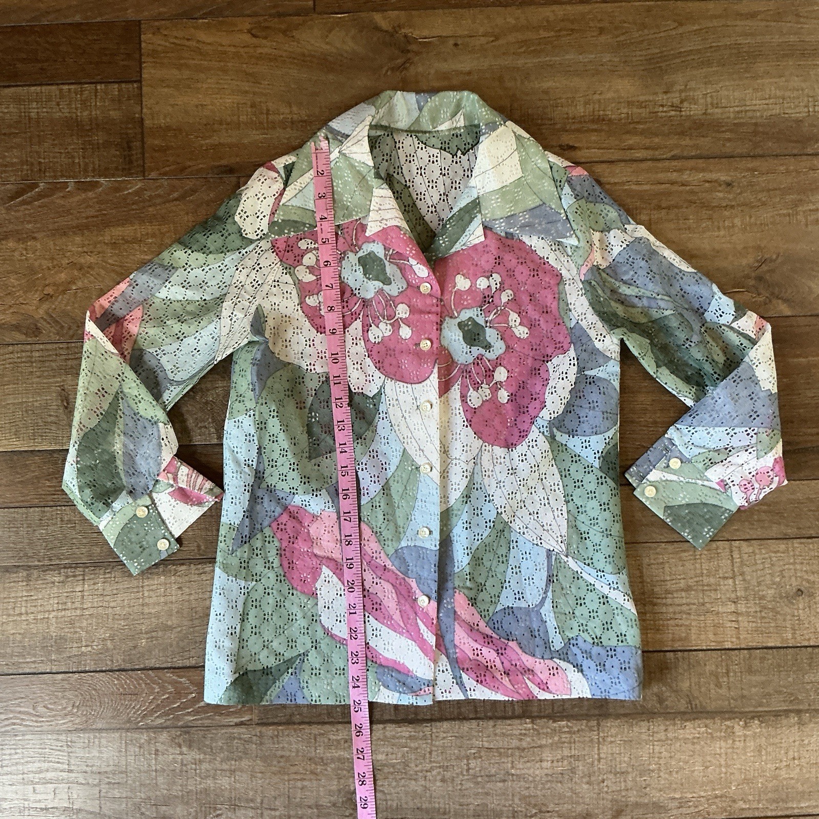 VINTAGE Separate Thoughts by Nardis Eyelet Floral Blouse Sz S/M Pink Green #41E6