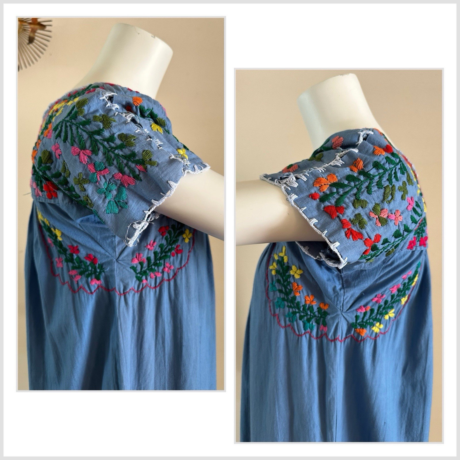 1970s Blue Cotton Oaxacan Mexican Huipil Dress Embroidered Floral Maxi Sz S VTG